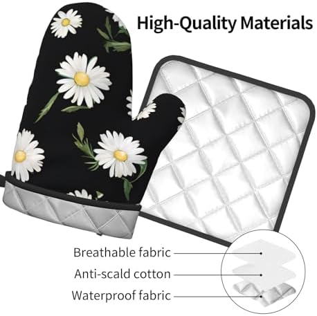Durable Daisy Printed Oven Mitts Pot Holders Set Heat-Resistant Kitchen Gloves