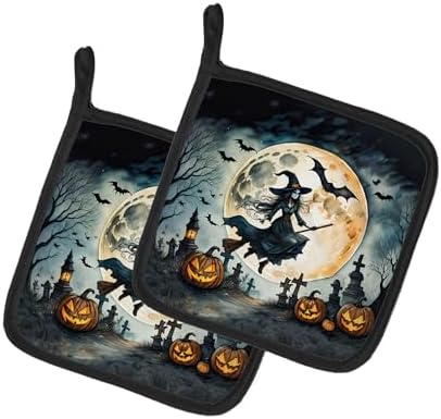 Flying Witch Spooky Halloween Potholders 7 12 x 7 12