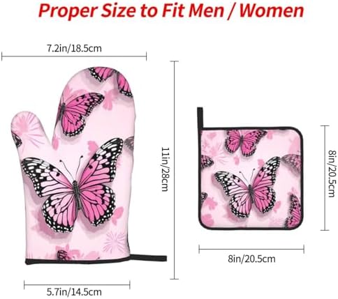 Edafol 3-Piece Oven Mitts and Potholders Set Heat-Resistant Pink Butterfly Design