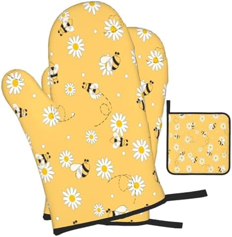 DXTKWL Oven Mitts Set of 3 Yellow Bee Daisy