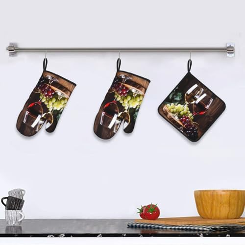 Set of 3 Red Wine Glass Oven Mitts and Pot Holders