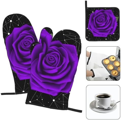 Oven Mitts Pot Holder Set of 3 Purple Rose Design