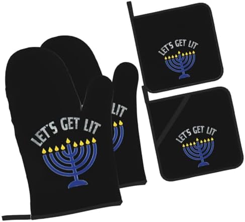 Happy Hanukkah Oven Mitts and Pot Holders 4-Piece Set