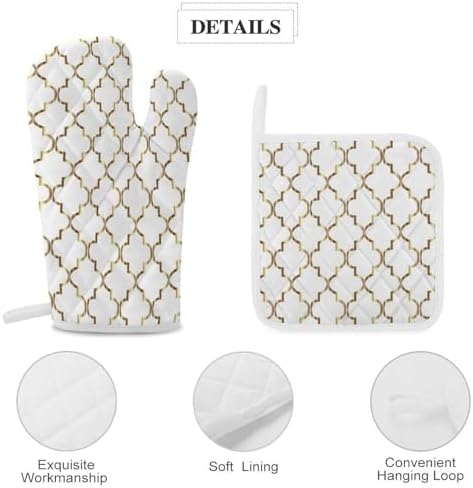 Curdesi Oven Mitts Set Heat Resistant 4PCS with Gold and White Quatrefoil Design