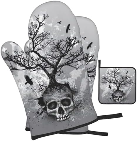 Halloween Skull Oven Mitts and Pot Holders Set Heat-Resistant