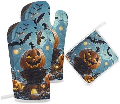 Halloween Oven Mitts Pot Holders - 3-Piece Set withFlying Bats Design