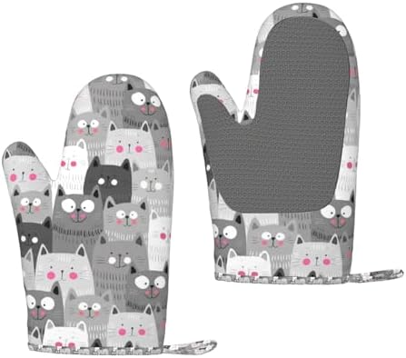 Ouqiuwa Hipster Cartoon Cute Cat Kitten Gray Oven Mitts Set of 2