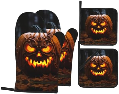 Halloween Spooktacular Pumpkin Print Oven Mitts Pot Holders Set