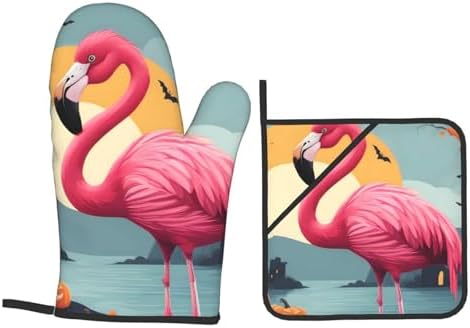 YYHHAOFA Cartoon Halloween Flamingo Oven Mitt Set - 4-Piece Insulated Kitchen Baking Tools