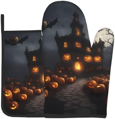 Halloween Pumpkin Print Heat-Resistant Oven Mitts Set Safe for Cooking BBQ