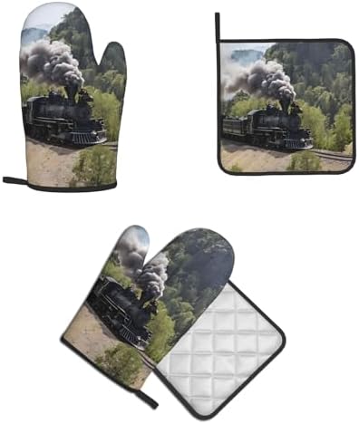 Steam Locomotive Train Printed Oven Mitts and Pot Holders 2 Piece Set