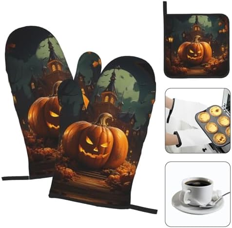 XTUAG pumpkin Halloween oven mitts and pot holders 3 piece set