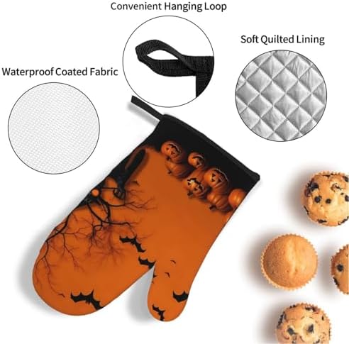XHHRRDNZ Orange Halloween Oven Mitts and Pot Holders Set of 4