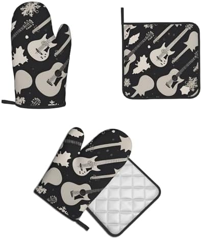 Guitar Pattern Oven Mitts Pot Holders 2-Piece Set