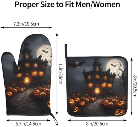 Halloween Pumpkin Print Heat-Resistant Oven Mitts Set Safe for Cooking BBQ