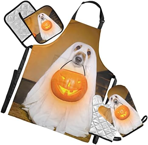 Halloween Ghosts Oven Mitts Pot Holders Set Trick or Treating Stats