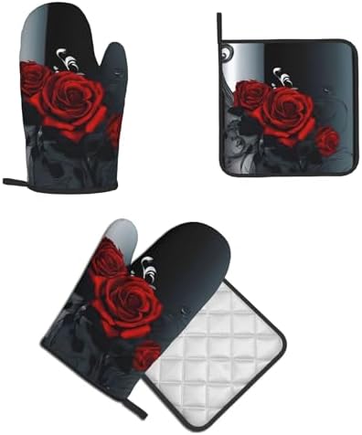 Pretty Roses Heat-Resistant Oven Mitt and Pot Holder Set