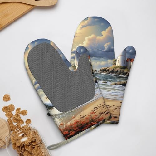 NONHAI Silicone Oven Mitts Set of 2 Sea Lighthouse Sandbeach
