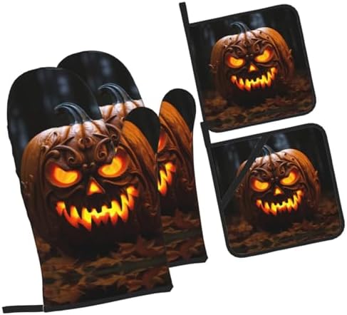 Halloween Spooktacular Pumpkin Print Oven Mitts Pot Holders Set