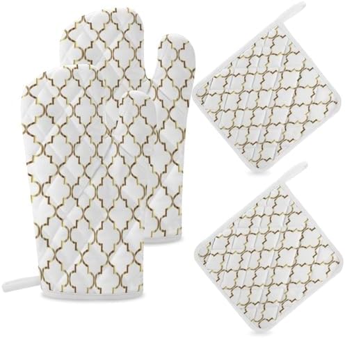 Curdesi Oven Mitts Set Heat Resistant 4PCS with Gold and White Quatrefoil Design