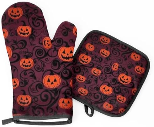 Aglebo Halloween Pumpkin Oven Mitts and Pot Holders Set of 2
