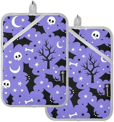 Black Bat White Skull Halloween Oven Mitts