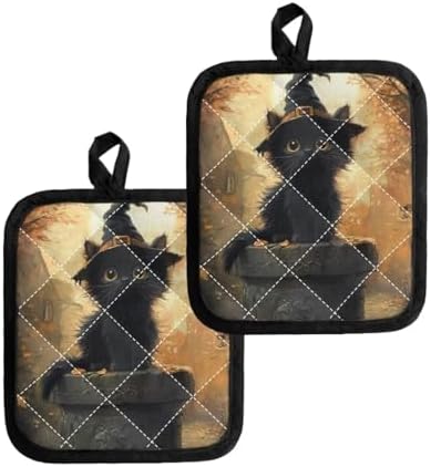 Trick-or-Treat Black Cat Kitchen Potholder Set