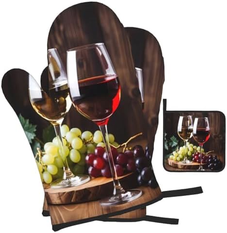 Set of 3 Red Wine Glass Oven Mitts and Pot Holders