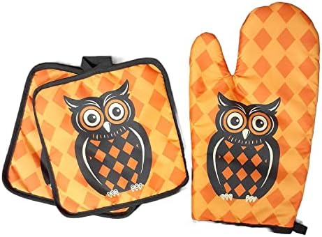 Owl Diamond Pattern Eco-Friendly Halloween Oven Mitt Potholders Set