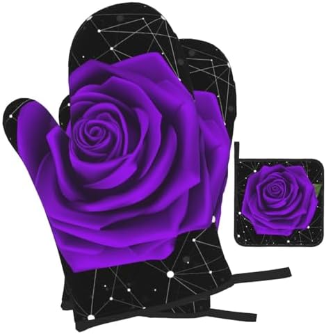 Oven Mitts Pot Holder Set of 3 Purple Rose Design