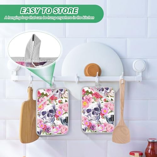 OurVii 2Pcs Summer Floral Skull Potholders with Pockets Non-Slip mitts Set