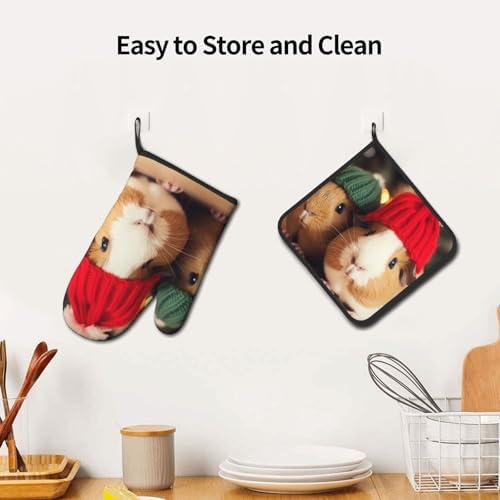 Quopvn Cute Guinea Pigs with Hats Oven Mitts 2-pc Set