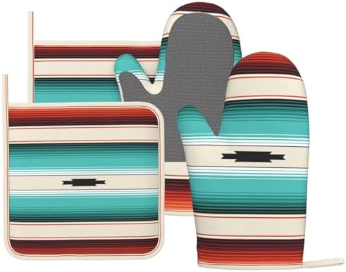Bold Mexican Serape Turquoise Silicone Oven Mitts Potholders Set