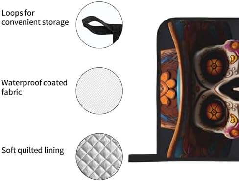 4-Piece Waterproof Oven Mitt Set Heat-Resistant Mexican Halloween Skull Prints