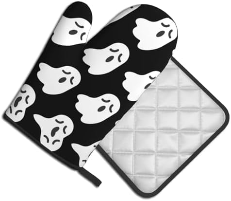 Cute White Ghost Oven Gloves for Cooking and Baking with Halloween Patterns