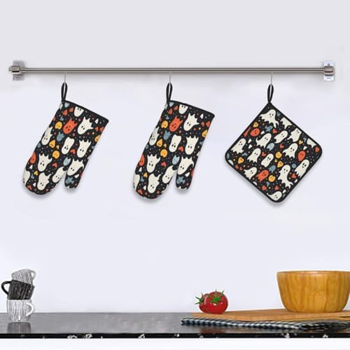 Halloween Stove Ghost Oven Mitts and Pot Holders Set of 3