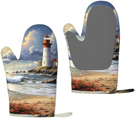 NONHAI Silicone Oven Mitts Set of 2 Sea Lighthouse Sandbeach