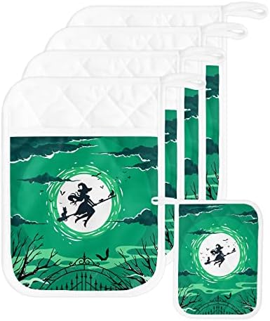 Halloween Flying Witch M Set of 5 Potholders with Loops