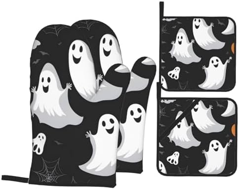 Oven Mitts Set of 4 with Heat-Resistant Black and Halloween Ghost Prints