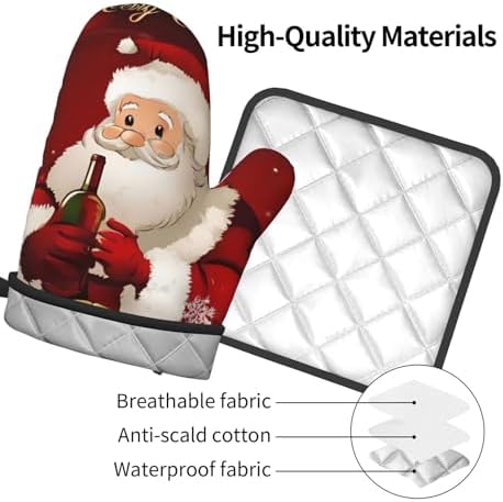 Merry Christmas Santa Claus Printed Oven Mitts and Pot Holders 2pcs Set