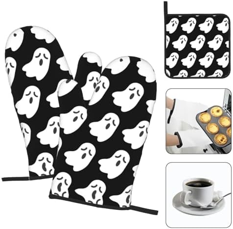 Halloween Ghost Pattern Heat-Resistant Oven Mitt Set for Cooking Baking