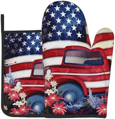 Quopvn 4th of July Patriotic USA Flag Oven Mitts Pot Holders 2pcs Set