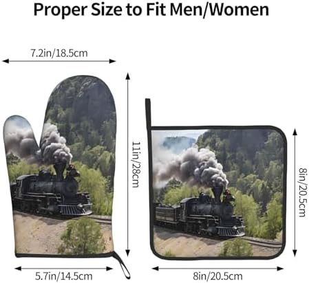 Steam Locomotive Train Printed Oven Mitts and Pot Holders 2 Piece Set