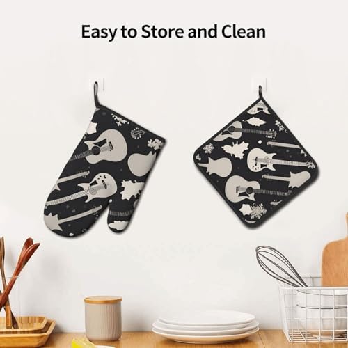Guitar Pattern Oven Mitts Pot Holders 2-Piece Set