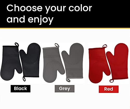 Heat Resistant Silicone Oven Mitts with Cotton Lining - Double Sided Red Pair