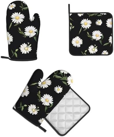 Durable Daisy Printed Oven Mitts Pot Holders Set Heat-Resistant Kitchen Gloves