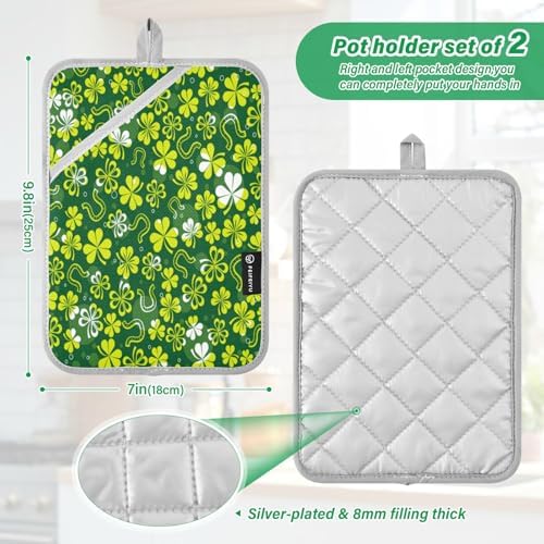 2Pack Green White Shamrock Potholders Heat Resistant