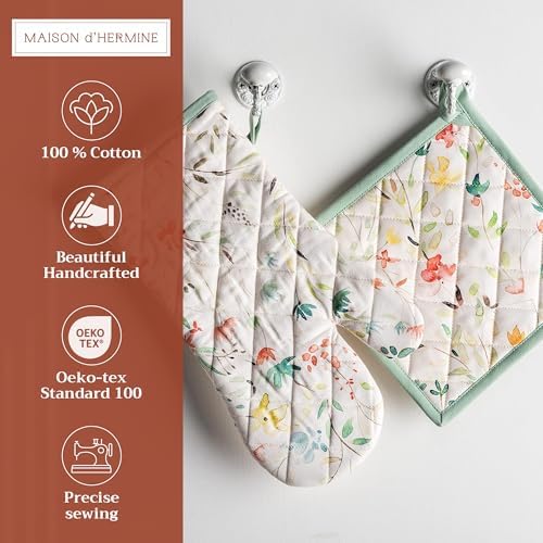 Maison dHermine 100 Cotton Oven Mitt Pot Holder Set - Heat Resistant Soft Durable