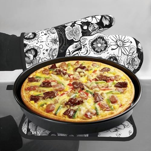 Floral Skull Oven Mitts Set Heat-Resistant Kitchen Potholders