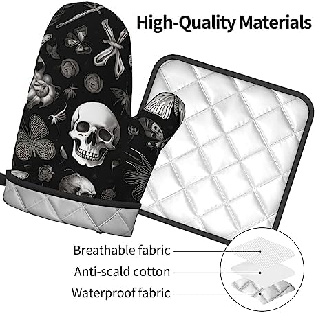 Halloween Black Butterfly Goth Skull Oven Mitts
